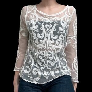 Lace sheer embroidered cream shirt